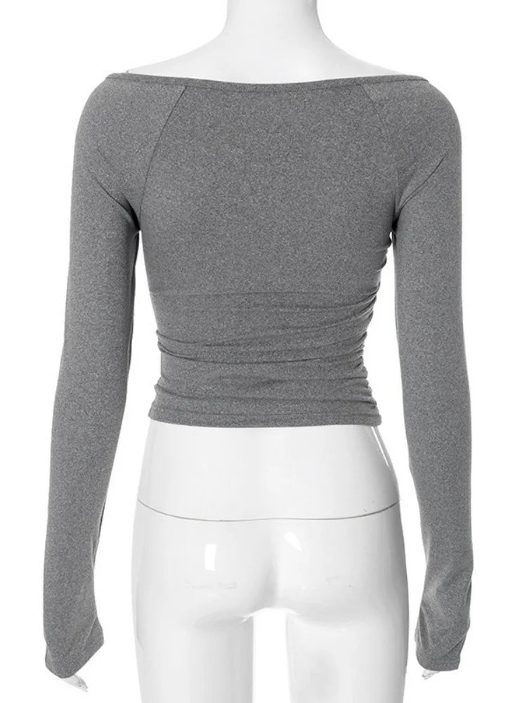 V-neck Tshirt Long Sleeve Crop Top Women T Shirt Folds Y2k Top Crossover Feminist Clothes Slim Fit Ropa De Mujer Solid Camisetas
