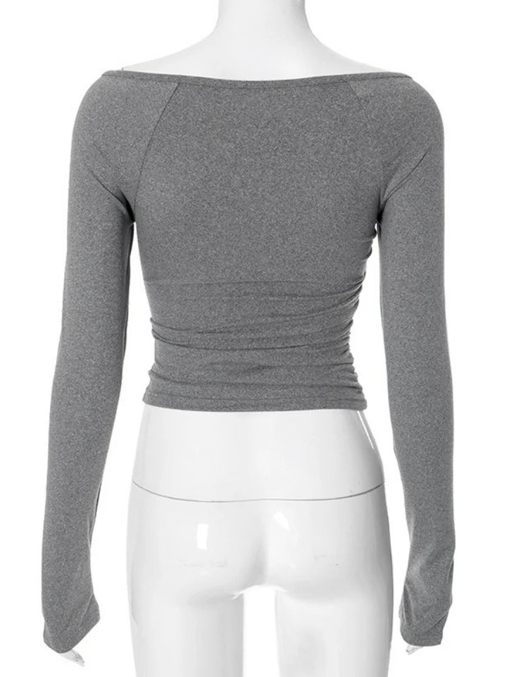 V-neck Tshirt Long Sleeve Crop Top Women T Shirt Folds Y2k Top Crossover Feminist Clothes Slim Fit Ropa De Mujer Solid Camisetas
