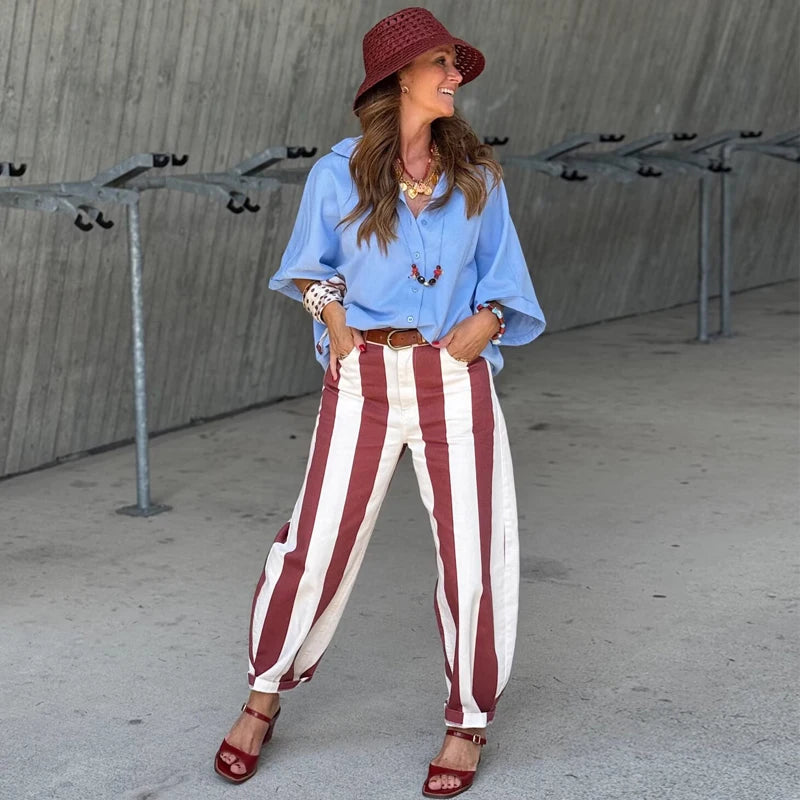 MUJER Striped Denim Jeans for Women High Waist Mom Jeans Pants Woman Summer Baggy Jeans Woman Streetwear Casual Women's Jeans