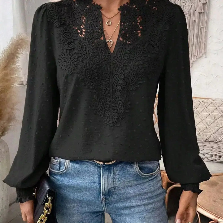 2026 New V-Neck Lace Splicing Long Sleeve Casual Shirt Women&