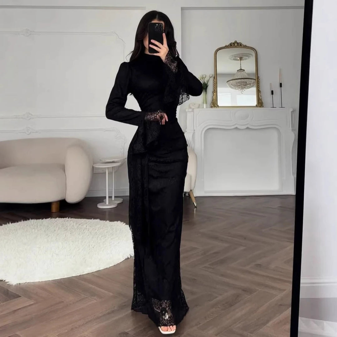 Women Lace Fitted Dresses Solid Evening Dress H Line Ankle Lenth Bell Sleeve Waist Cinch Slim Fit Party Sexy Elegant 2026 Summer