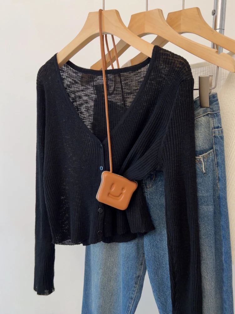 Women Outerwear Air Conditioner Shawl Single-breasted Short Tops 2026 Summer Blue V-Neck Thin Sunscreen Knit Cardigan