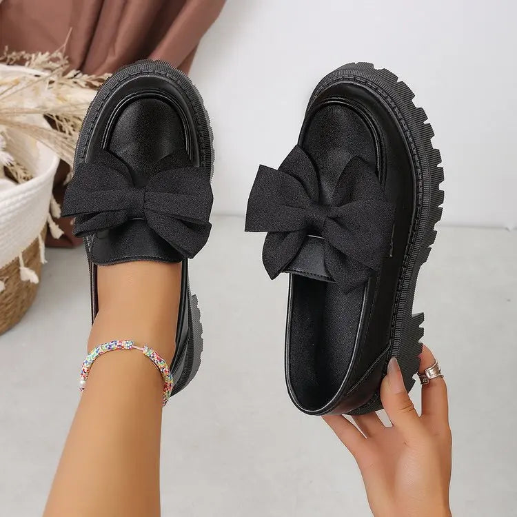 Women British Style Loafers bowknot Chunky Heel Leather Flats Autumn Slip-On Shoes Versatile Work Shoes Platform Oxford Shoes