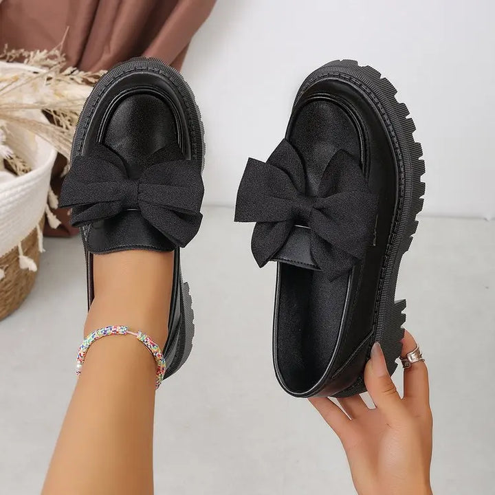 Women British Style Loafers bowknot Chunky Heel Leather Flats Autumn Slip-On Shoes Versatile Work Shoes Platform Oxford Shoes