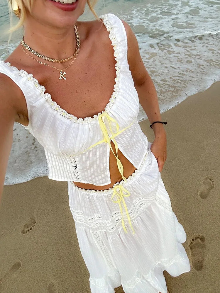 White Lace Skirt Set Women&