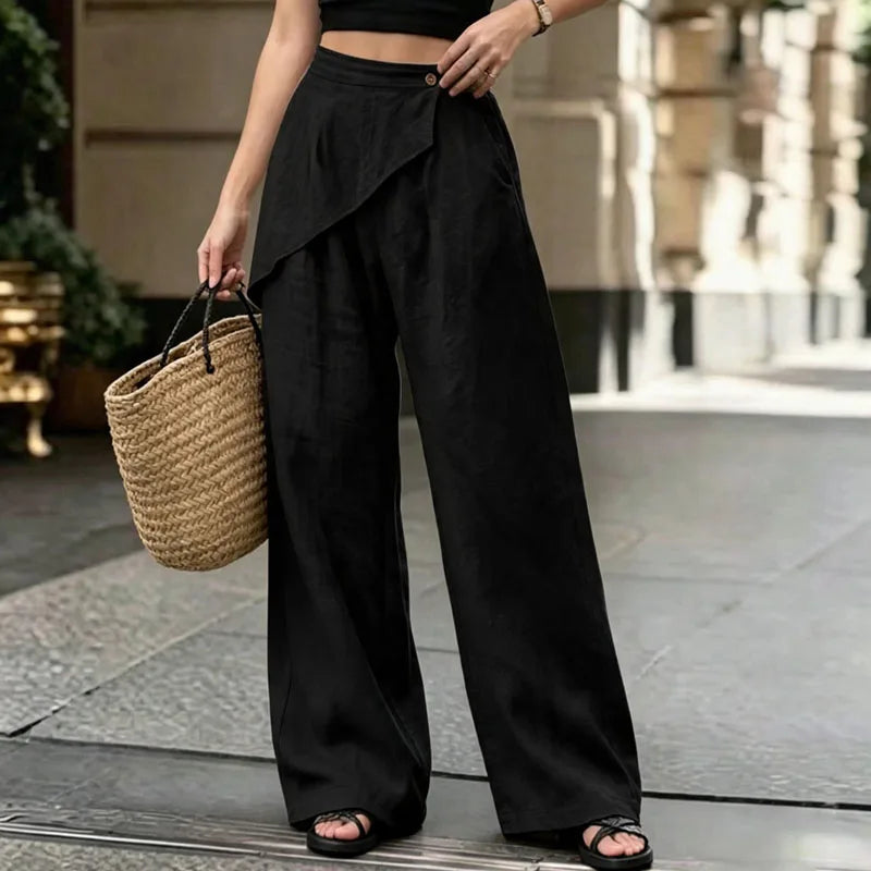 Women Irregular Wrap Overlay Wide Leg Pants Elastic High Waist Solid Trousers Button Pockets Spring Summer Casual Loose Culottes