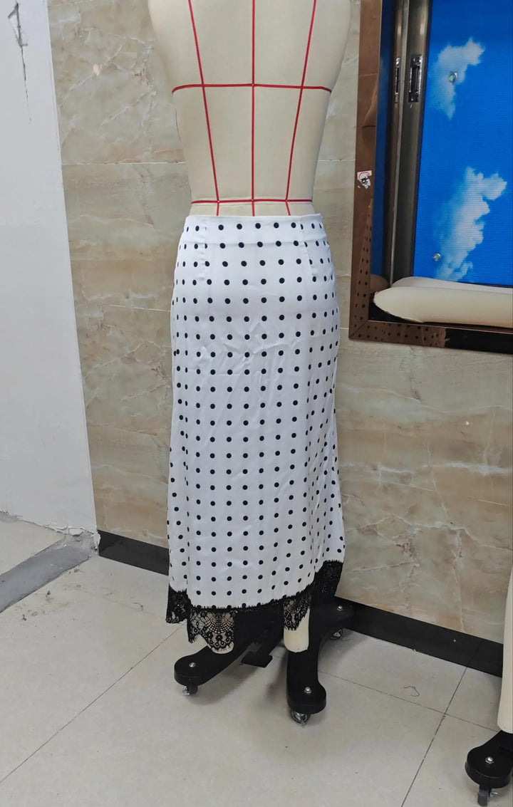 Women Vintage Elegant Lace Satin Spliced Midi Skirts Sexy Dots Print High Waist Retro Casual Straight Midi Skirts Streetwear