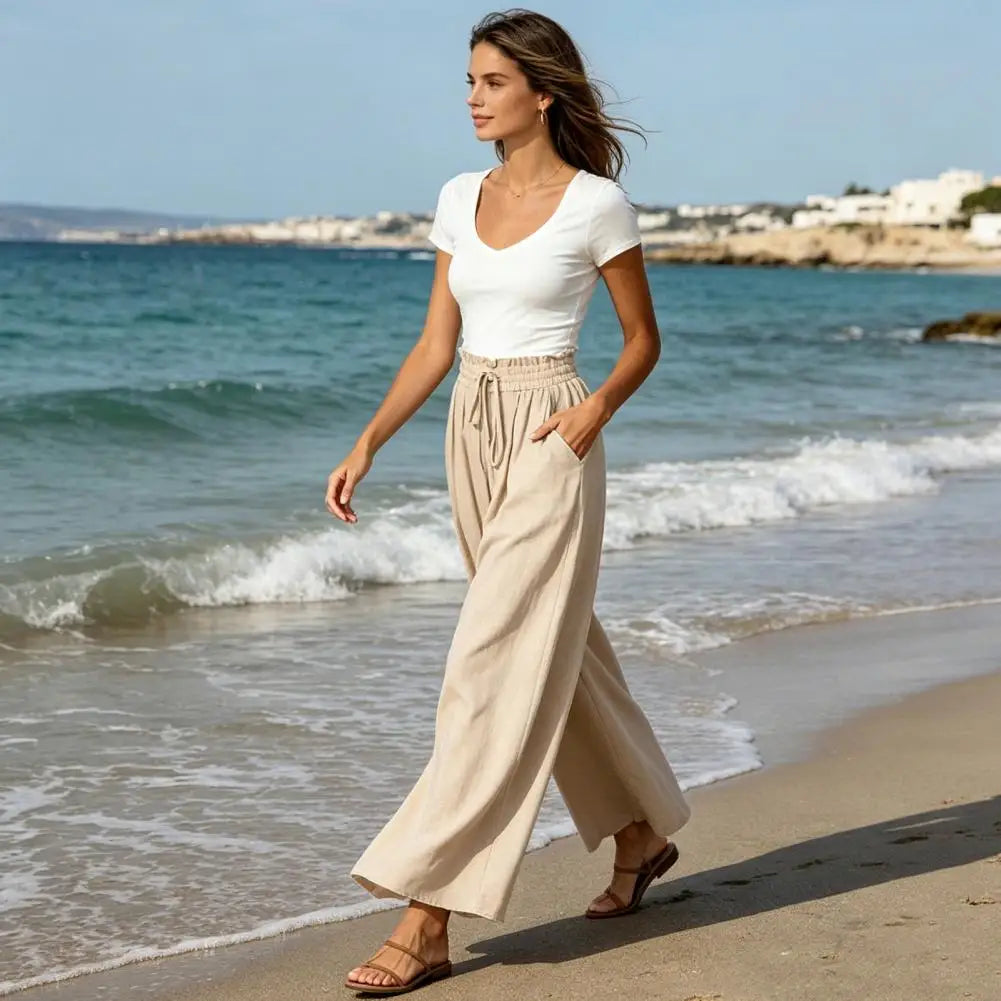 Women Pants Versatile Fit Pants Women’s Oversized Wide Leg Trousers with Pockets Adjustable Elastic Strap Long Pants Pure