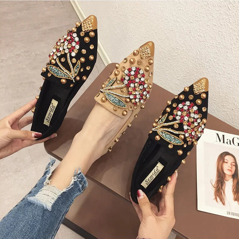 Woman Flats Loafers Shoes Rhinestone Crystal Loafers Ladies Casual Shoes for Women Pointed-Toe Flats Spring and Autumn Loafers