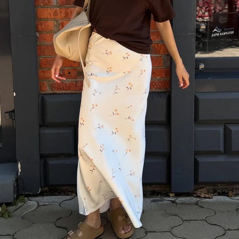 Women Satin Floral Print Midi Skirt High Elastic Waist Casual Long Skirt Summer Elegant Office Commuter A-Line Silky Dress Skirt