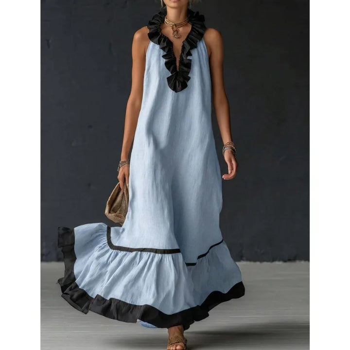 Fashion Patchwork Maxi Dress for Woman V Neck Stringy Selvedge Ruffle Flowy Long Dresses 2026 Summer Beach Vacation Sundress
