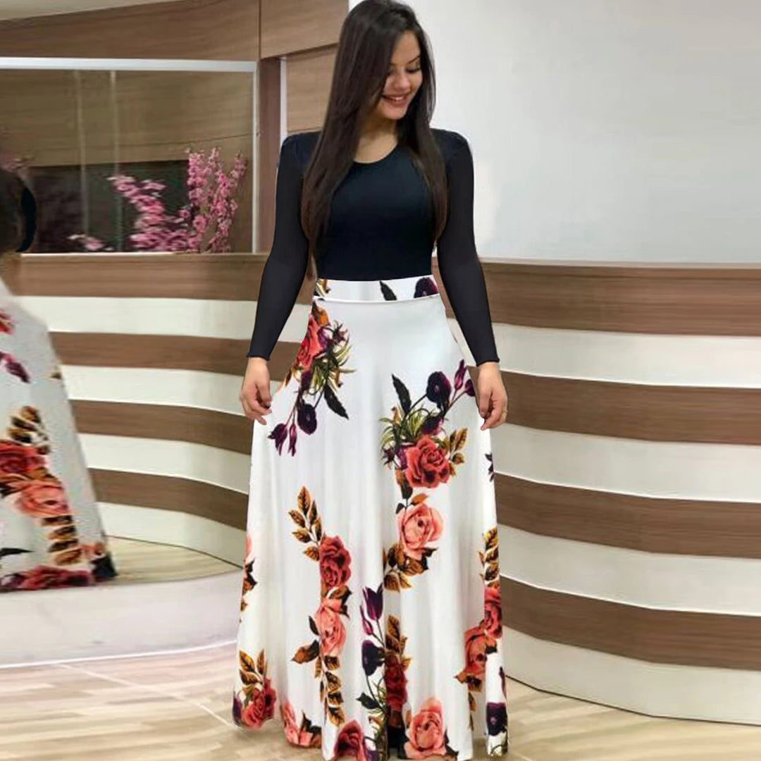 Chic Floral Maxi Dress - Casual Fit &amp; Flare with High-Waist Design, Long Sleeves, and Easy Care Knit for Women