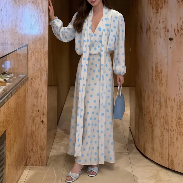 Women Elegant Polka Dot Maxi Dress 2026 new Ladies V-neck long sleeves Waist Cinched Evening Dress French Vestidos