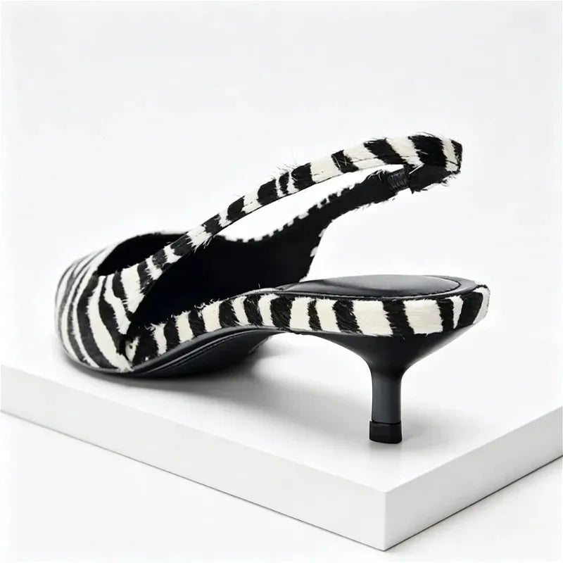 Elegant Zebra Print Design Kitten Heel Pumps Women Sexy Pointed Toe Slingbacks High Heels for Ladies Comfortable Designer Shoes