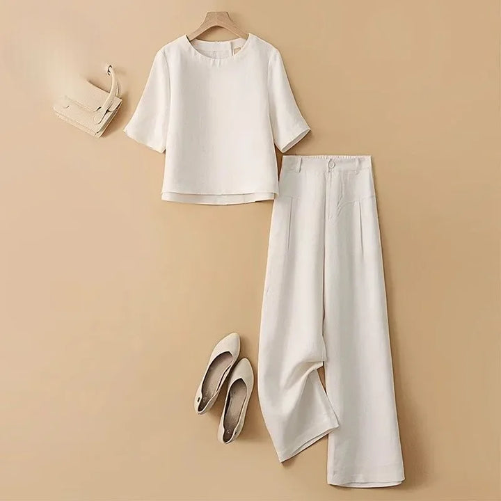 Women Casual Summer Linen Short Sleeve Top High Waist Wide Leg Pants Two Piece Set Daily Outdoor Wear S-XXL