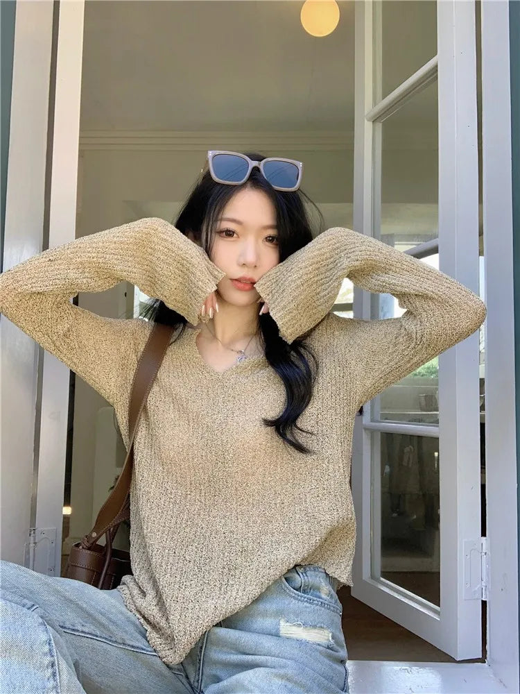 Lightweight V-Neck Knitted Top for Women Spring Summer Loose Fit Sun Protection Yellow Color Commute Style Korean Version