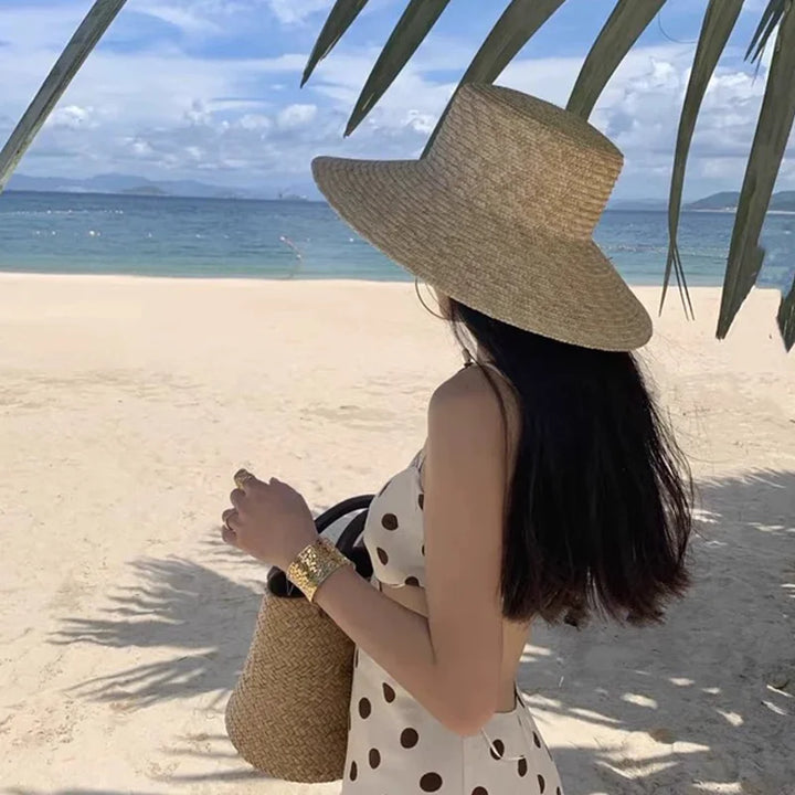 Ladies Straw Hat Sun Fedora Hats Hepburn hat Shiny European American Retro Gold Braided Female Sunshade Flat Sequins Hat gorras
