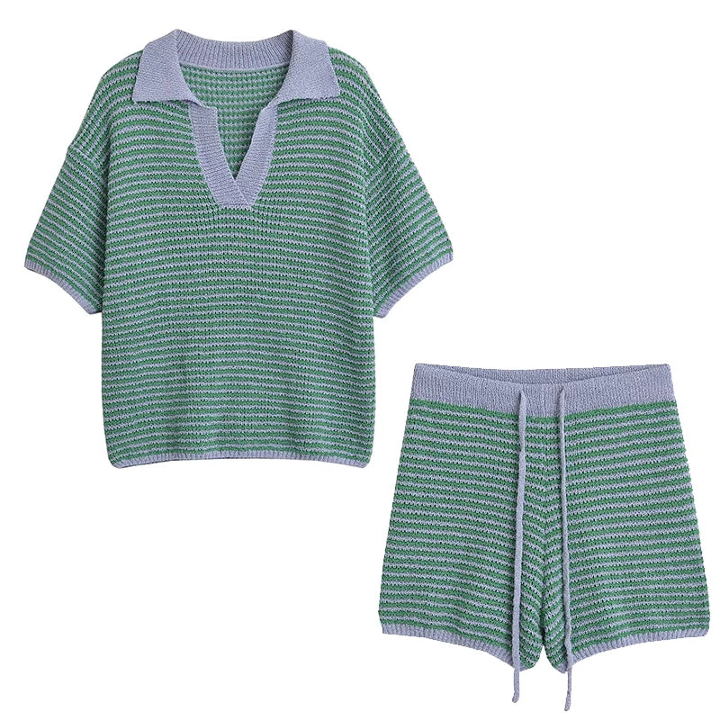 Willshela Women Fashion Two Piece Set Striped Lapel Neck Shirt &amp; Elastic Waist Shorts Chic Lady Women Shorts Sets