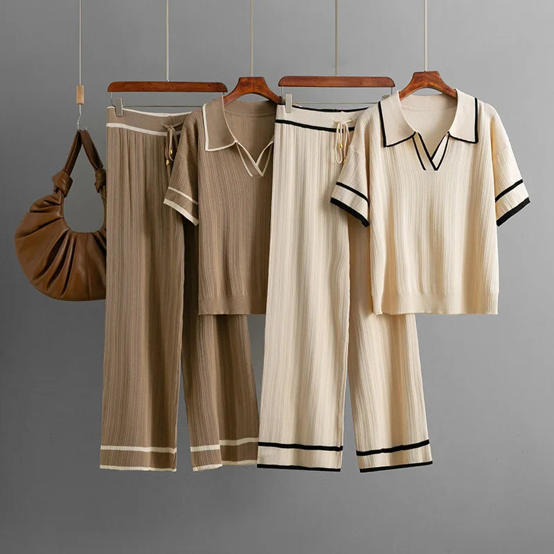 Knitting 2 Piece Sets Women Top Polo Shirt Suit Wide Leg Straight Pants Outfits Lace Up Casual Knitwear Ensemble 2025 Summer