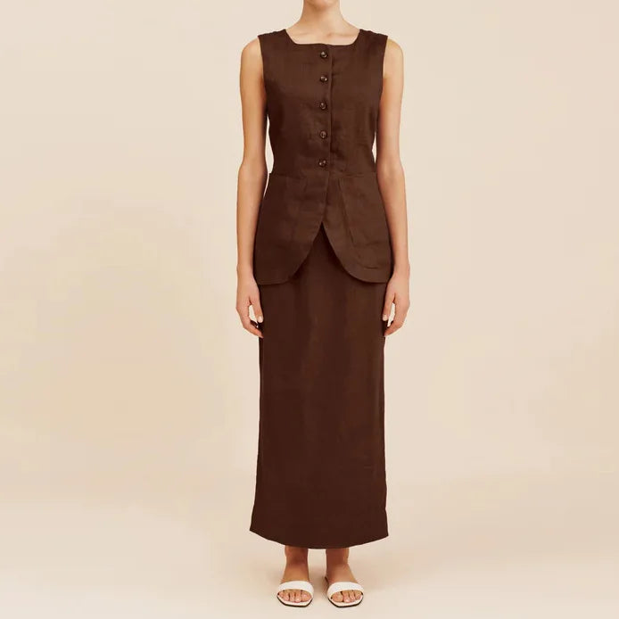 Chic Cotton Long Dress Set Women Summer Sleeveless Solid Single Breasted Best Top Back Split Maxi Skirts Lady 2 Pieces Suits