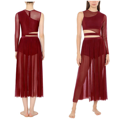 Womens Modern Lyrical Contemporary Dance Costume Cutout Round Neck Dress Side Split Sheer Mesh Dresses Performance Outfits