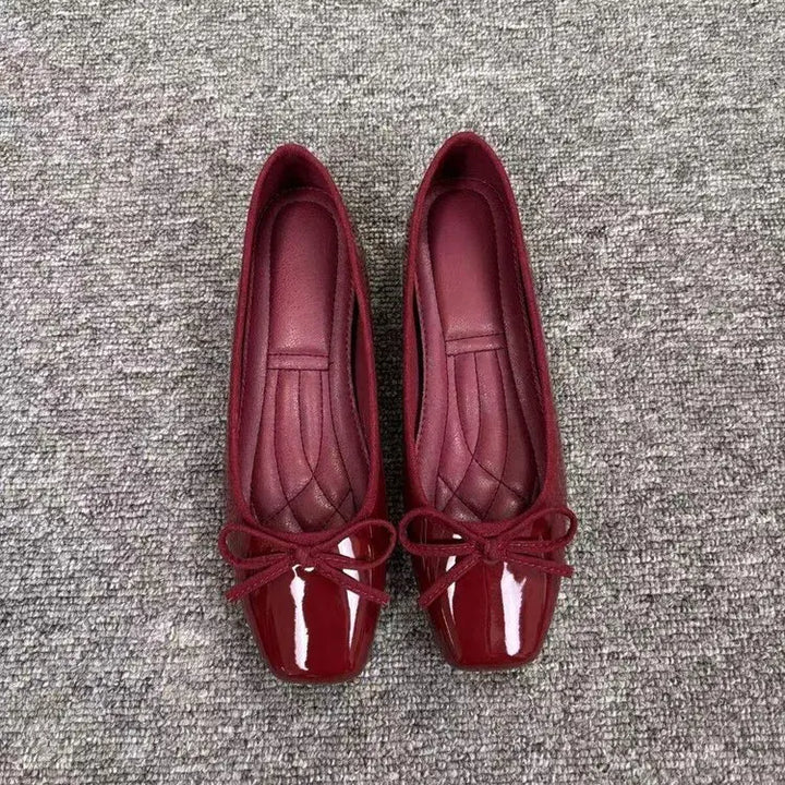Women Ballet Flats Square Toe Bowknot Slip on Patent-Look Glossy Shoes Ladies Casual Office Everyday Walking Dress Footwear