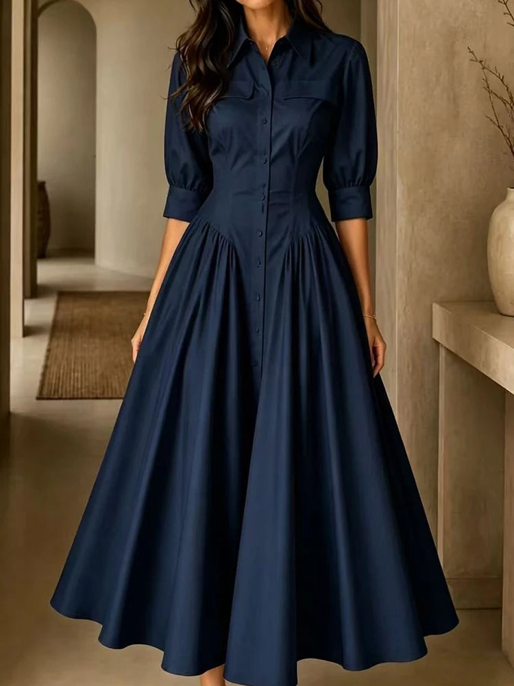 Elegant Women Solid Maxi Dress Single-Breasted Turn-Down Collar Autumn Party Dress Holiday Simple Button Patchwork Casual Dress
