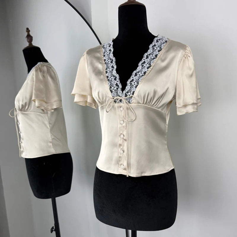 Satin Lace V-Neck T-shirt Top For Women Summer Lace-Up Hollow Out Short Sleeve Cropped Tops Pullover Female Bandage Tops Tee