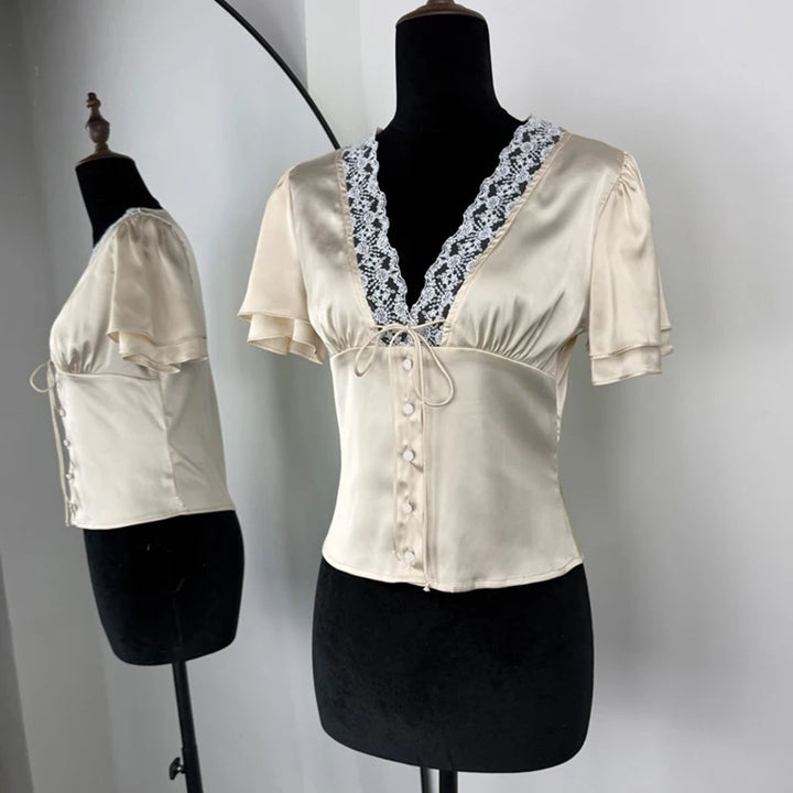 Satin Lace V-Neck T-shirt Top For Women Summer Lace-Up Hollow Out Short Sleeve Cropped Tops Pullover Female Bandage Tops Tee