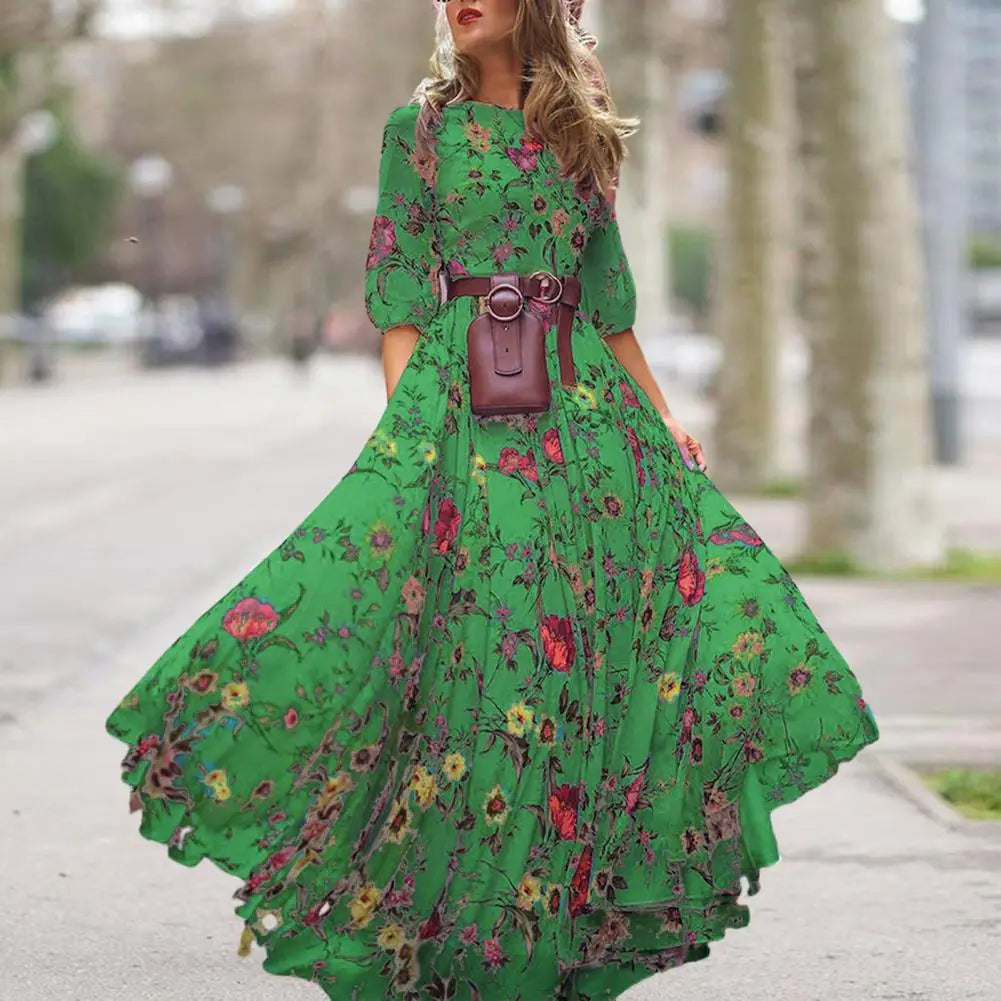 Slim-fitting Printed Dress Elegant Floral Maxi Dress for Women A-line Silhouette High Waist Design Half Sleeve Detail for Spring