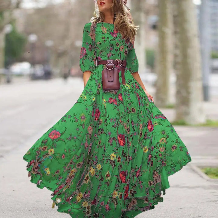 Slim-fitting Printed Dress Elegant Floral Maxi Dress for Women A-line Silhouette High Waist Design Half Sleeve Detail for Spring
