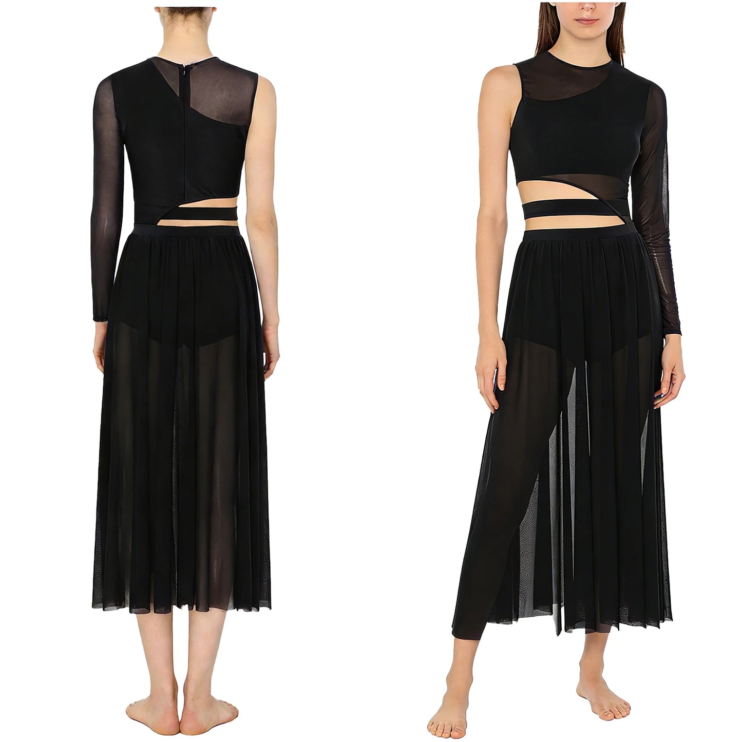 Womens Modern Lyrical Contemporary Dance Costume Cutout Round Neck Dress Side Split Sheer Mesh Dresses Performance Outfits