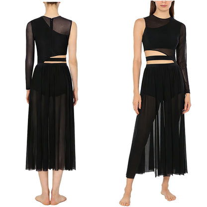 Womens Modern Lyrical Contemporary Dance Costume Cutout Round Neck Dress Side Split Sheer Mesh Dresses Performance Outfits
