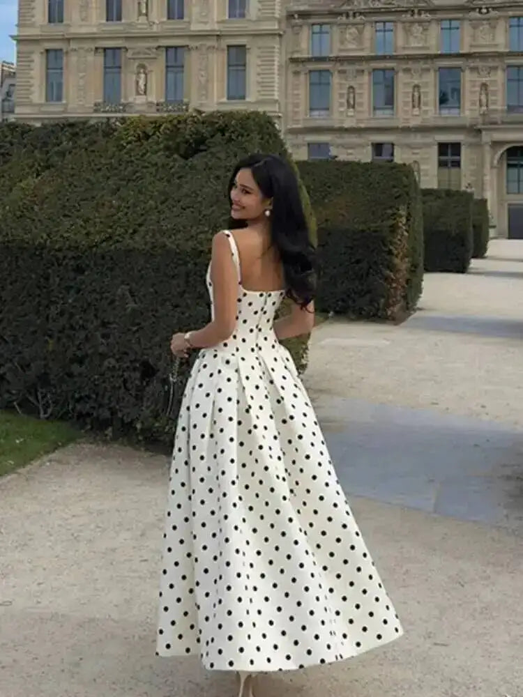 Polka Dot Maxi Dresses Women Elegant Square Neck Lotus Hem Long Gowns Chic Lady Sleeveless High Waist Cinched Summer Robes P3EP