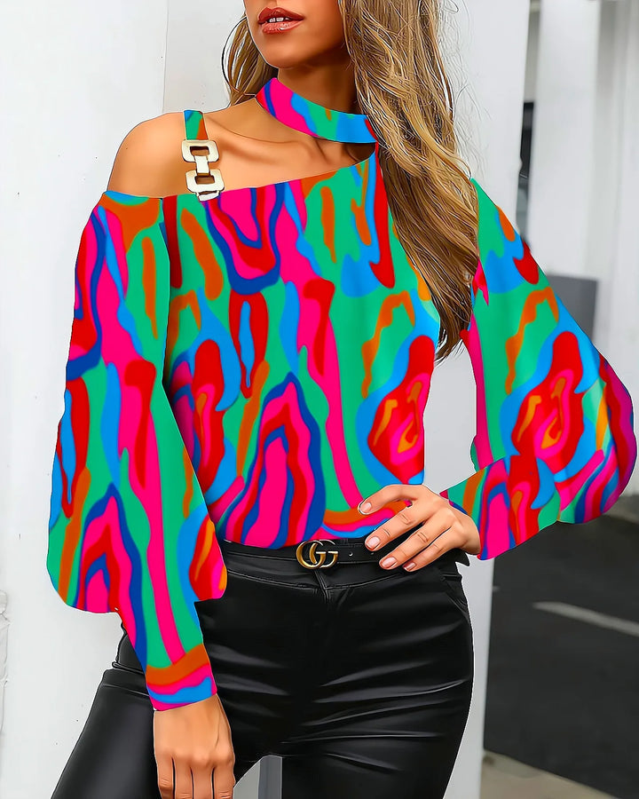 Chic Off-Shoulder Long Sleeve Top with Floral Print &amp; Metal Buckle Detail – Stylish for Casual Office