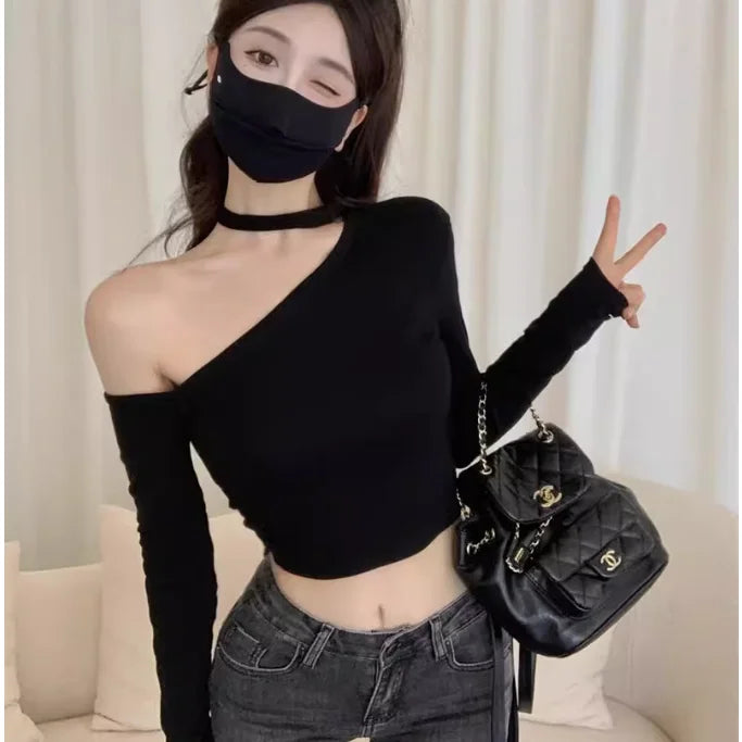 Off-shoulder Base Shirt T-shirt Autumn Sexy Long-sleeved Short Tights