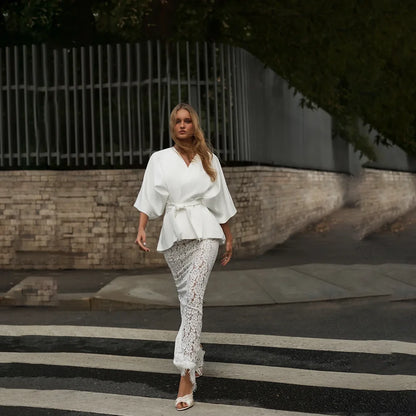 Women's Elegant 2 Piece Outfits White Batwing Sleeve Peplum Top Back Slit Lace Maxi Skirt Suit Wedding Guest Cocktail Party Wear