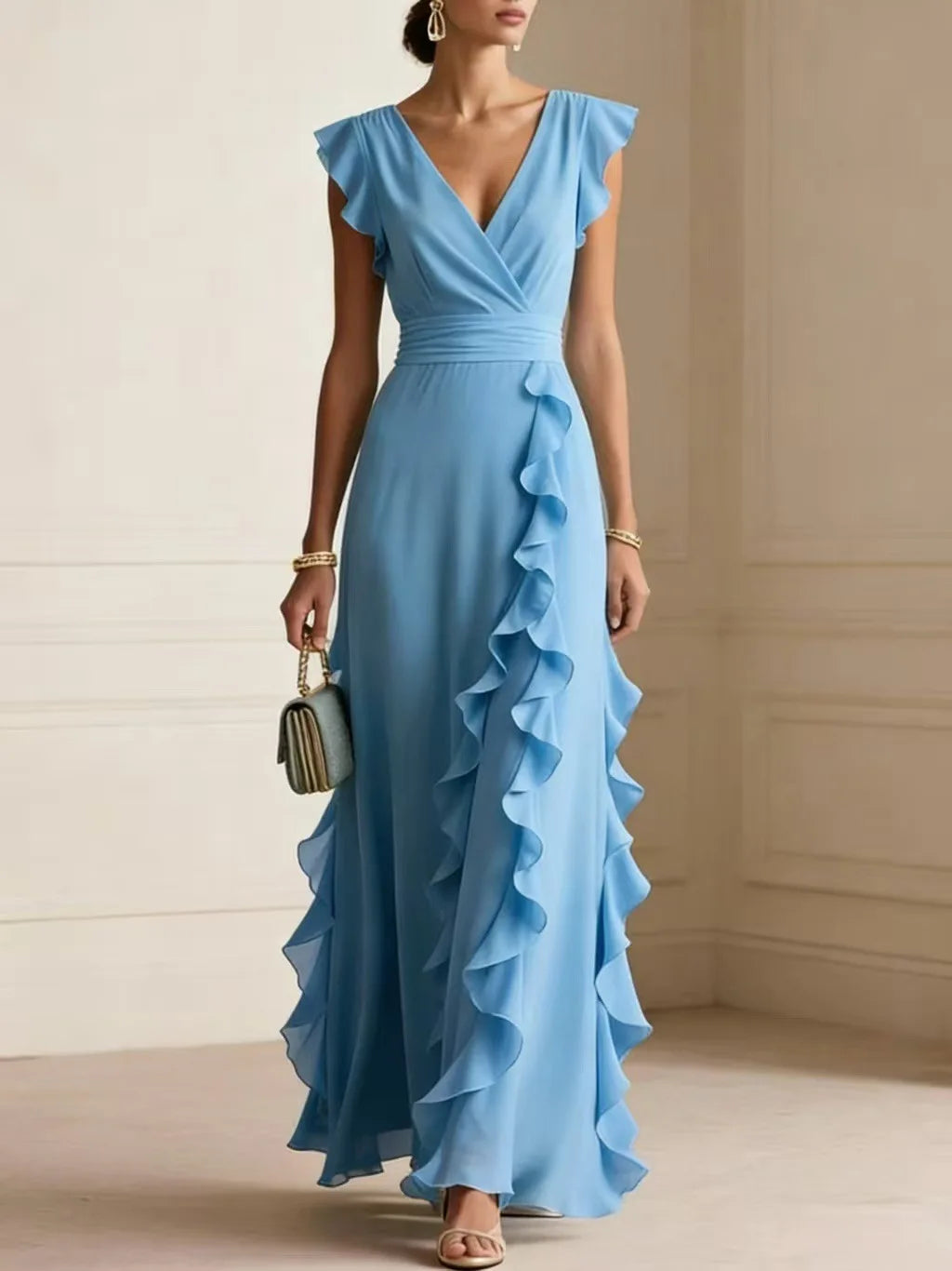 Women V Neck Ruffle Maxi Dress Sleeveless Chiffon Long Dress Wedding Guest Evening Party Formal Dress