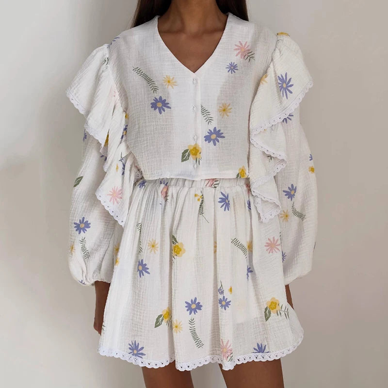 Spring Cotton and Linen Skirts Sets Summer V-Neck Single Breasted Tops and Mini Skirt Two Piece Sets Ladies Lovely Sweet Suits