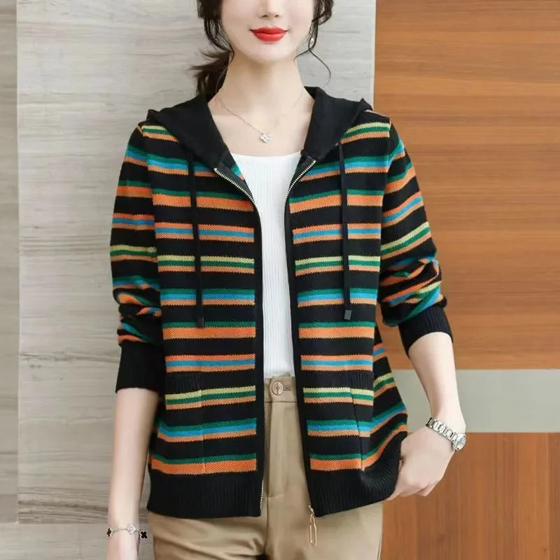 2026 New Knitwear Western Striped Sweater Female Hooded Sportshirt Coat Women&
