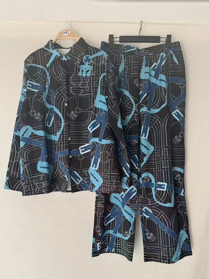 Retro geometric print lapel straight leg shirt two-piece set for 2026 spring women&