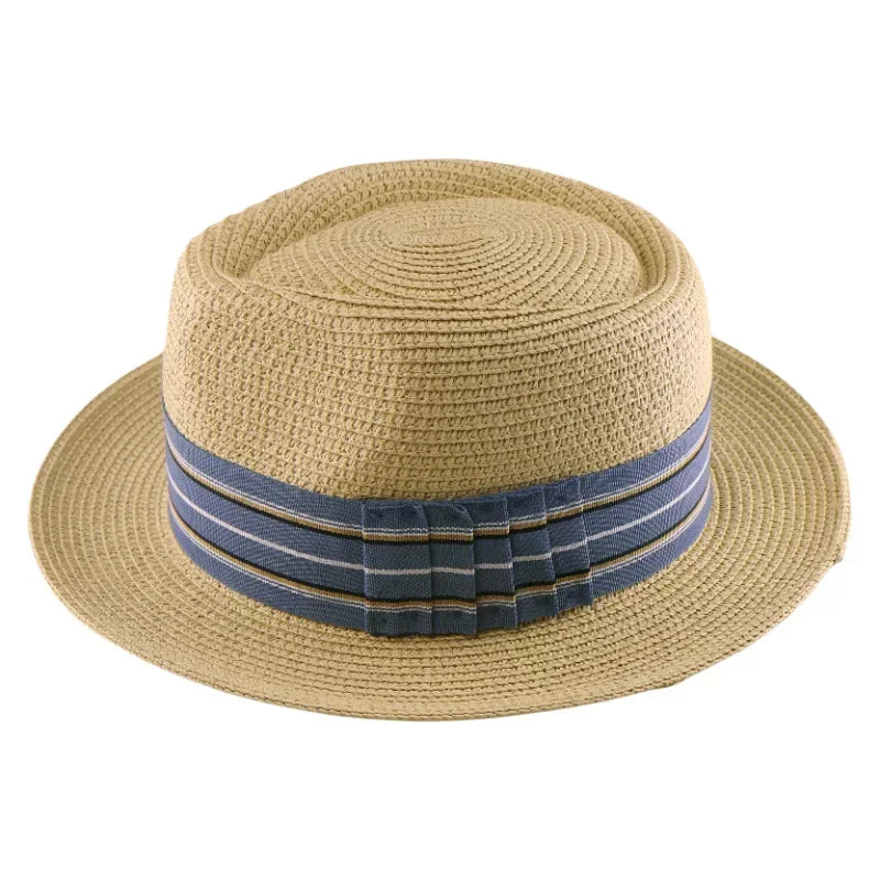 Straw Hat Breathable Braided UV Sun Protection Wide Brim Striped Ribbon Boater for Beach Summer Vacation Outdoor Men Women