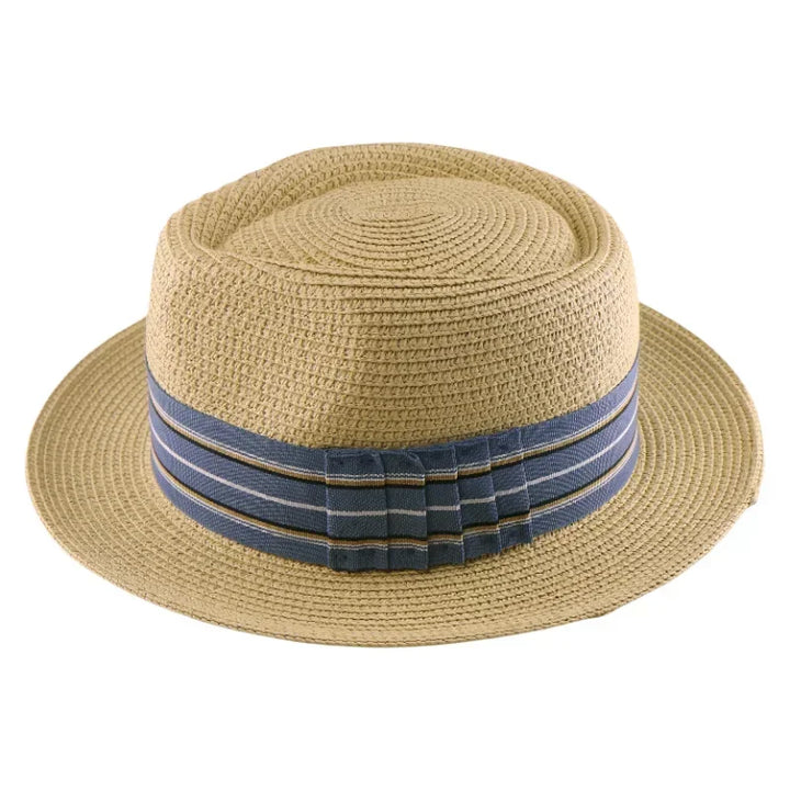 Straw Hat Breathable Braided UV Sun Protection Wide Brim Striped Ribbon Boater for Beach Summer Vacation Outdoor Men Women