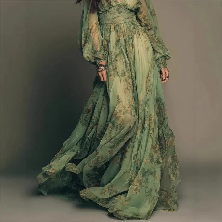 Elegant Green Floral Print Chiffon Maxi Dresses For Womeni Spring Sexy Deep V Neck High Waist Long Sleeve Boho Beach Long Dress