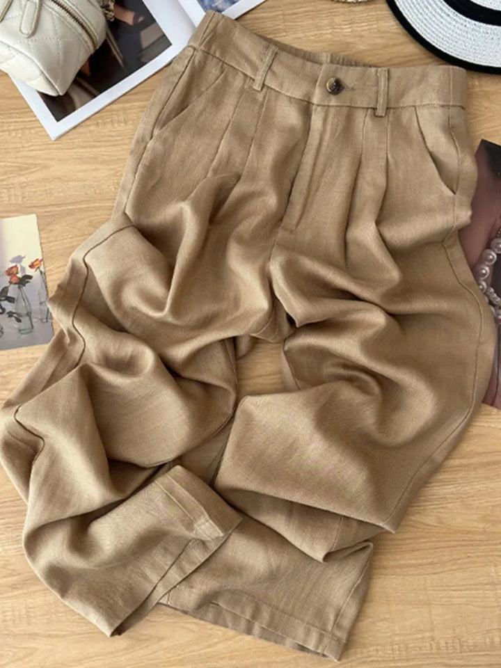 Khaki Linen Wide Leg Pants Women Summer Thin  Casual Loose Drapey Slimming Cotton Linen Long Pants Commute Style High W...