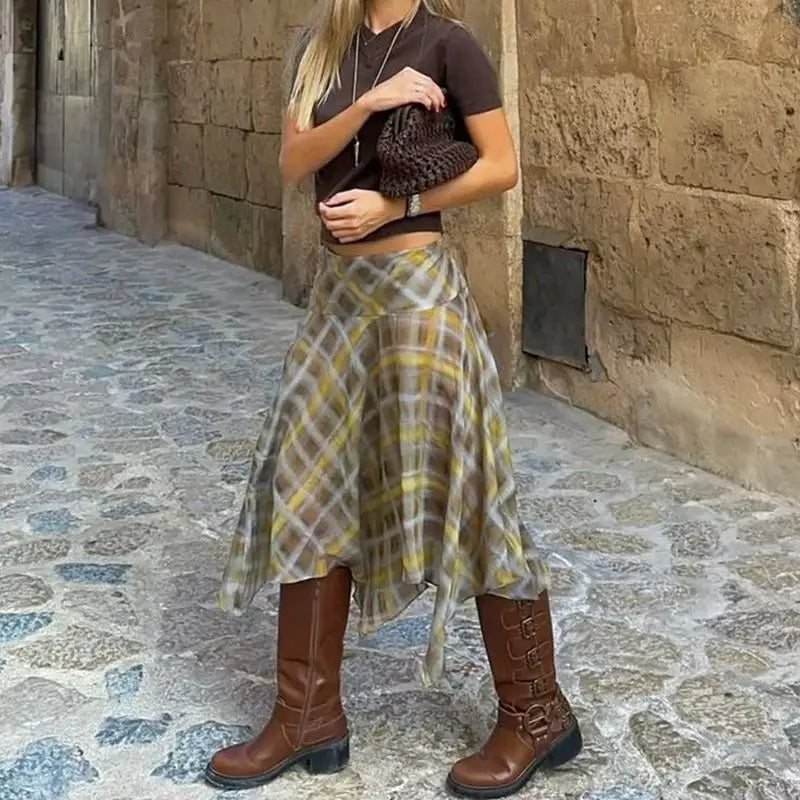Summer Midi Skirts for Women Side Zipper Low Waist Y2k Vintage Graphic Tie-dye Plaid Print Irregular Ruffle Hem Skirt