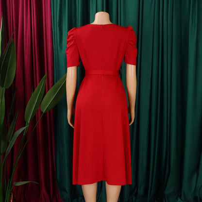 Elegant Party Dresses for Women V Neck Short Sleeve Belt Waisted Pleated Mid Calf Luxury Birthday Dinner Vestidos Mujer Dress OL
