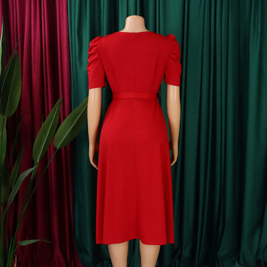 Elegant Party Dresses for Women V Neck Short Sleeve Belt Waisted Pleated Mid Calf Luxury Birthday Dinner Vestidos Mujer Dress OL