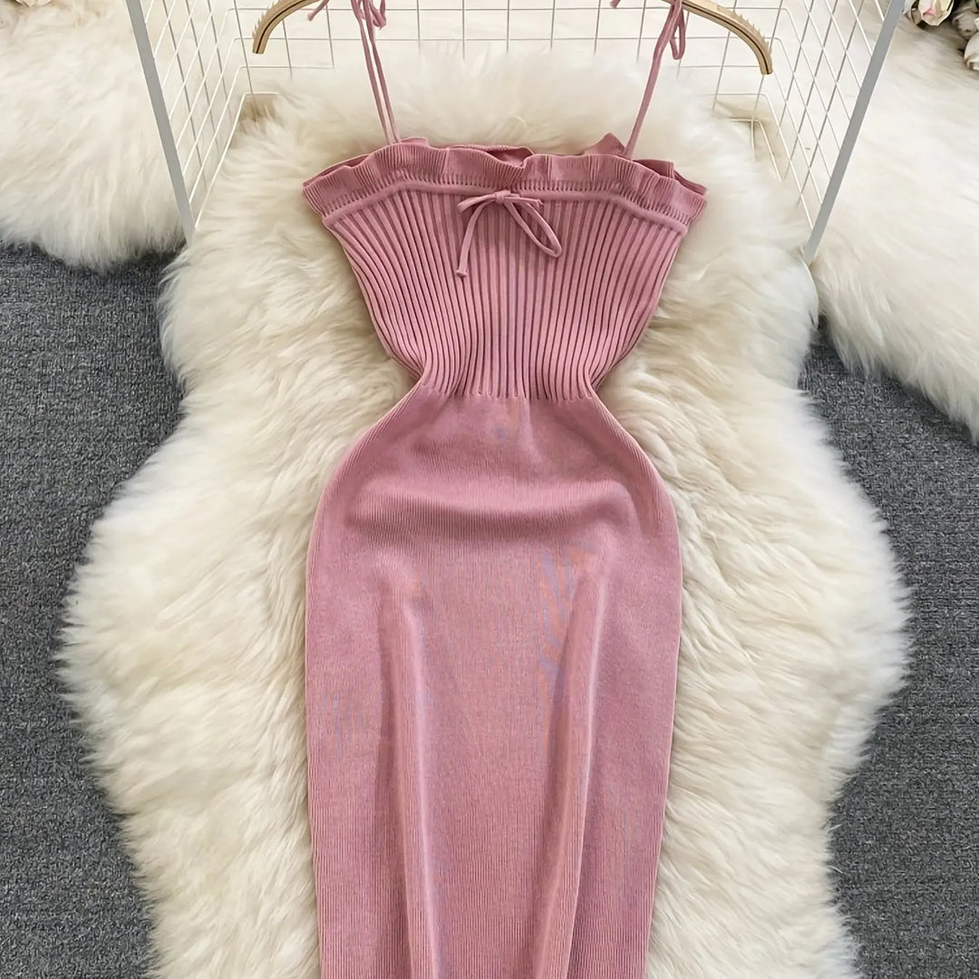 2024 Ribbed Lace Up Dress  Elegant Solid Slim Ruffle Trim Dress Women&
