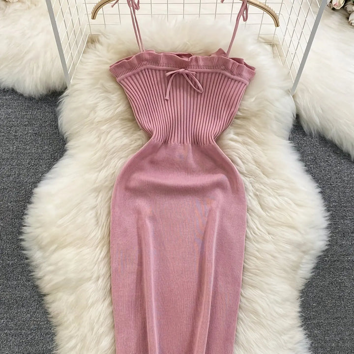 2024 Ribbed Lace Up Dress  Elegant Solid Slim Ruffle Trim Dress Women&